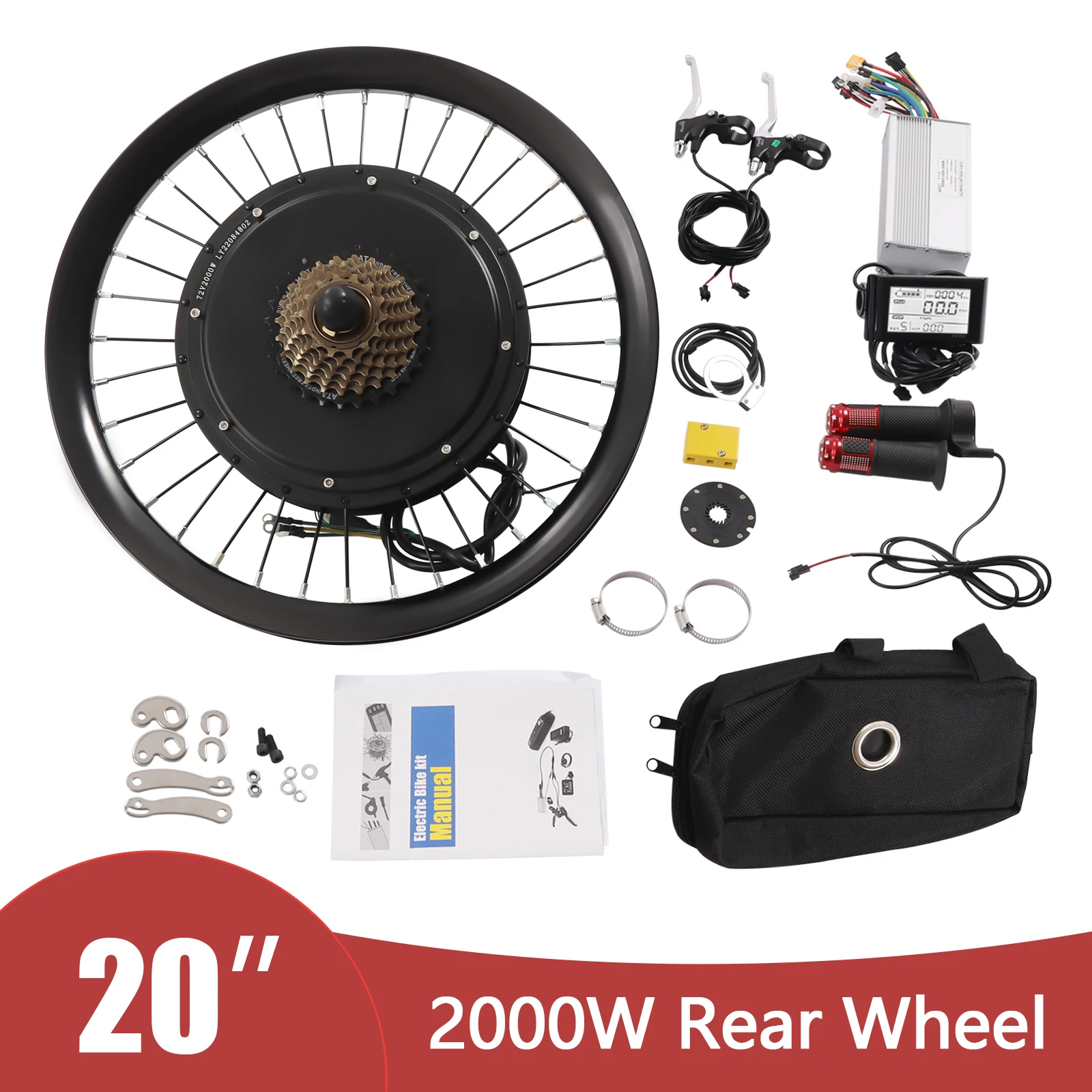Kit di conversione bicicletta LCD ruota posteriore da 20 pollici 72V Kit bici elettrica ad alta potenza da 2000 W con display LCD Motore brushless 560 giri/min