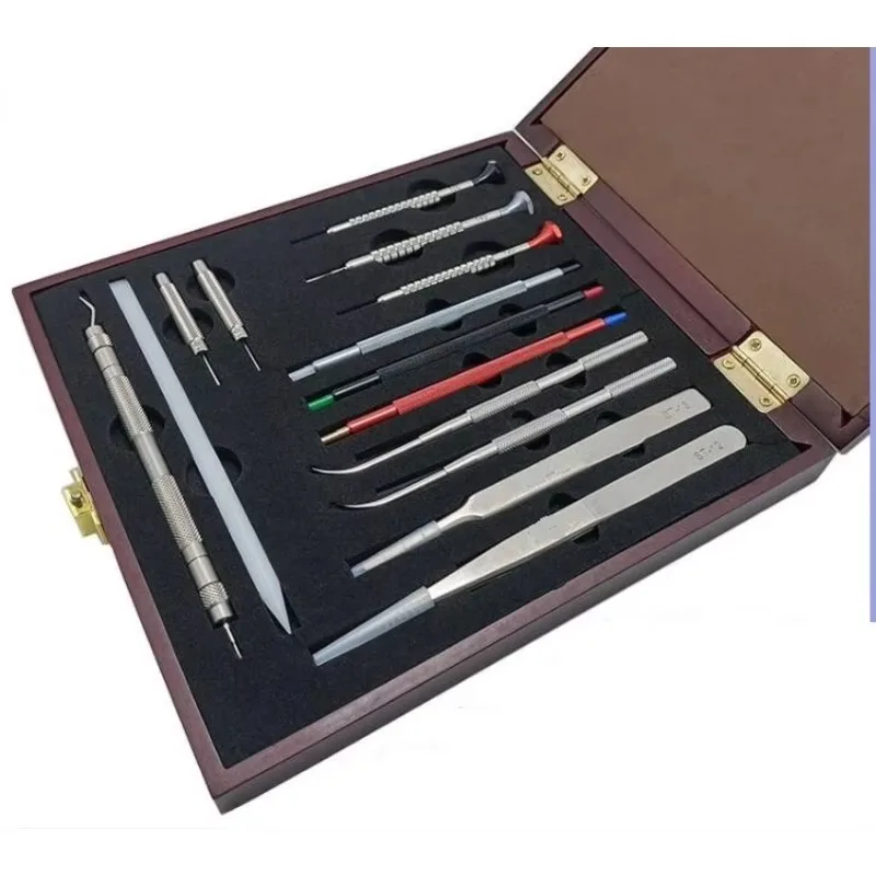 W2349 Set of Watch Bracelet Remover Flat Head Screwdriver Watch Hand Setter Spring Bar Tool Tweezers Band Pin Punch in Wood Box