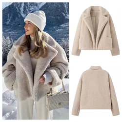 PB&ZA2024 Autumn New Women's Fashion Style Versatile Solid Color Collar Long Sleeve Wheat Ear Hair Coat