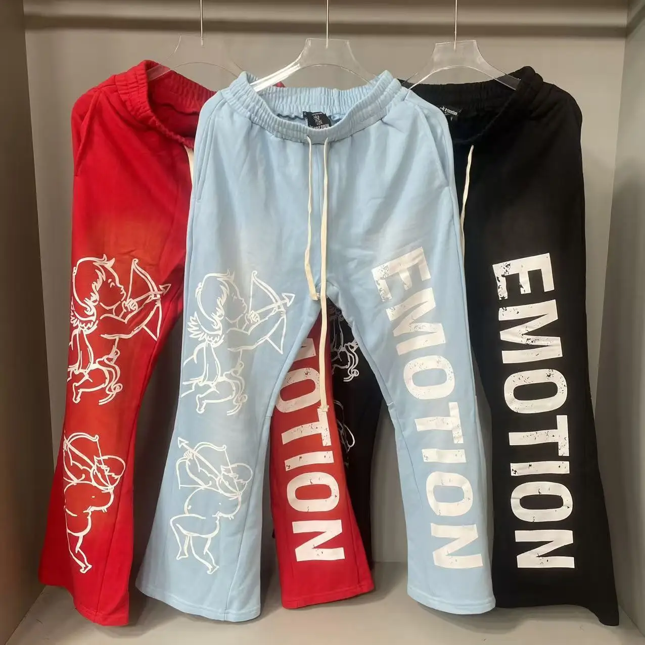 

Mixed Emotion blue Straight Pants High Quality Men's Streetwear Elastic Waist Letter Print Diamond Decoration sweatpants joggers
