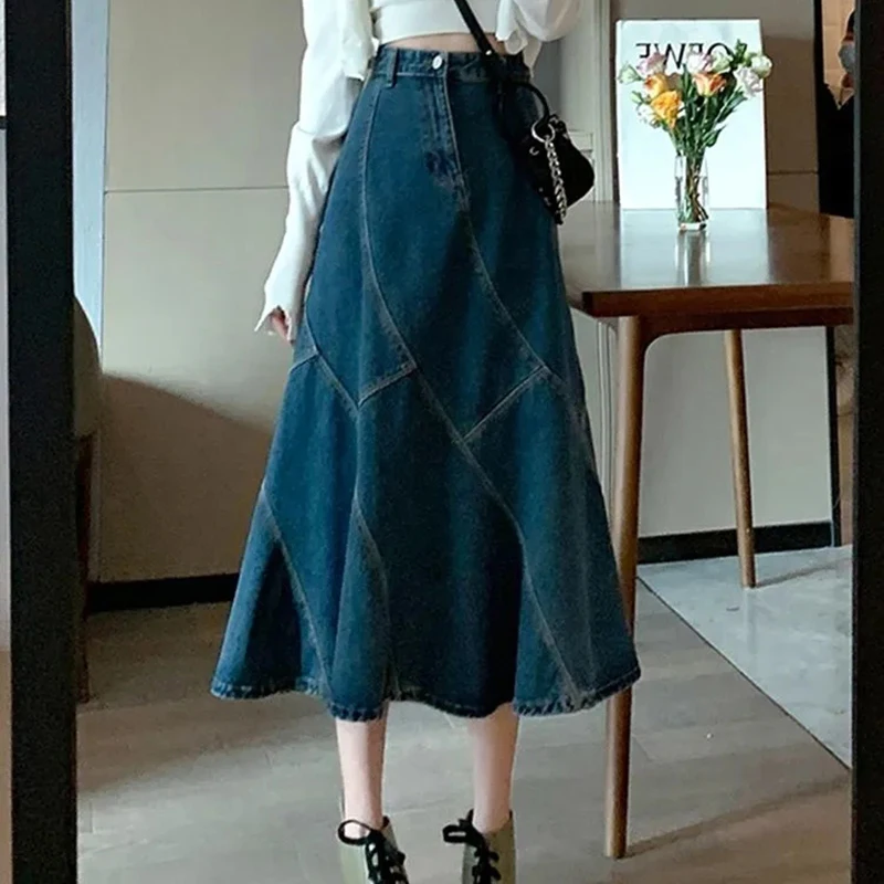 

Y2K Harajuku Синяя джинсовая юбка Женская асимметричная юбка с высокой талией и хвостом русалки Элегантная американская шикарная модная драпированная юбка трапециевидной формы