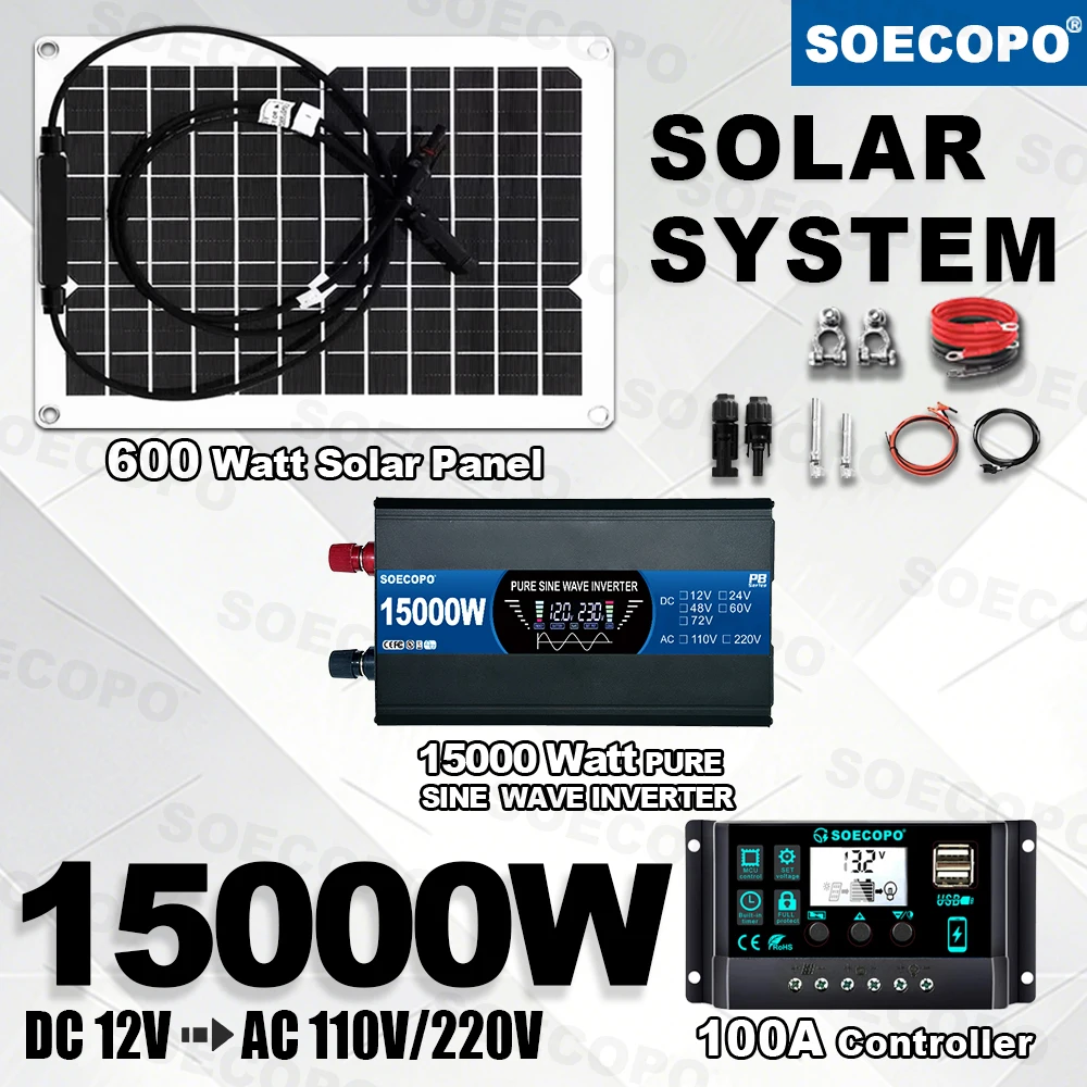 Durable Pure Sine Wave Solar Kit 15000W Inverter(1200W Rate) Zero Emission |100A Controller for Cellphones/Home/Tent/Fishing use