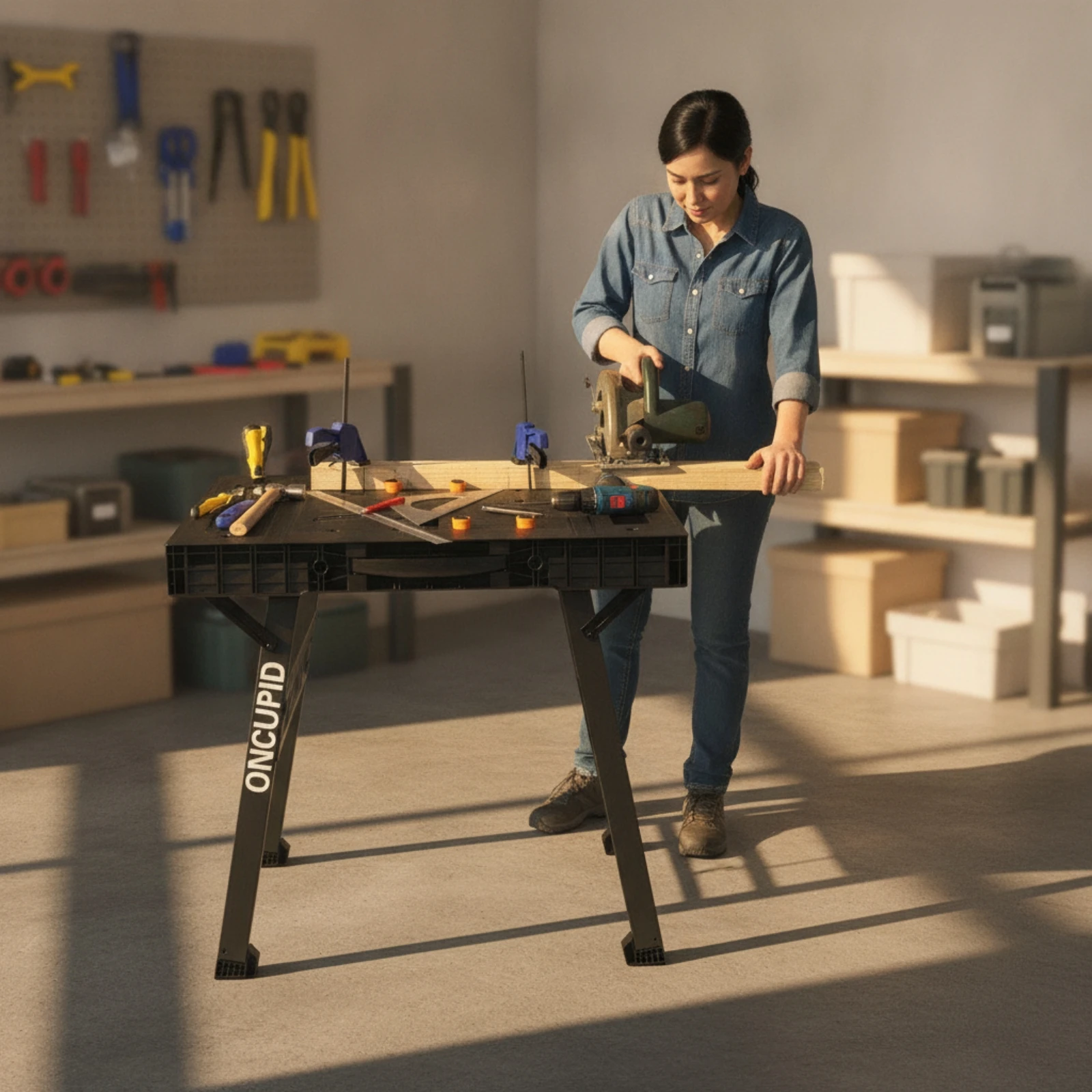 Foldable Workbench Large Load Capacity Sawhorse Workbench Portable Work Table Compact for Woodworkers, Workshop, Garage