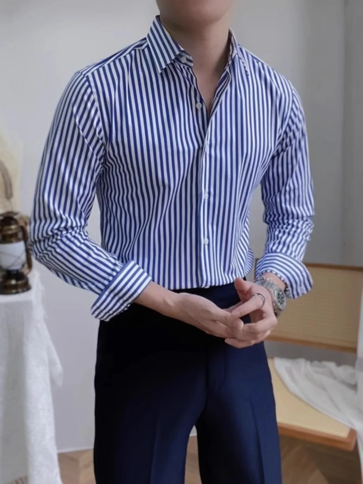 

Men's Slim Fit Long Sve Striped Casual irt Briti Busin Sle Commute Trendy irt Spring Autumn Season Faion