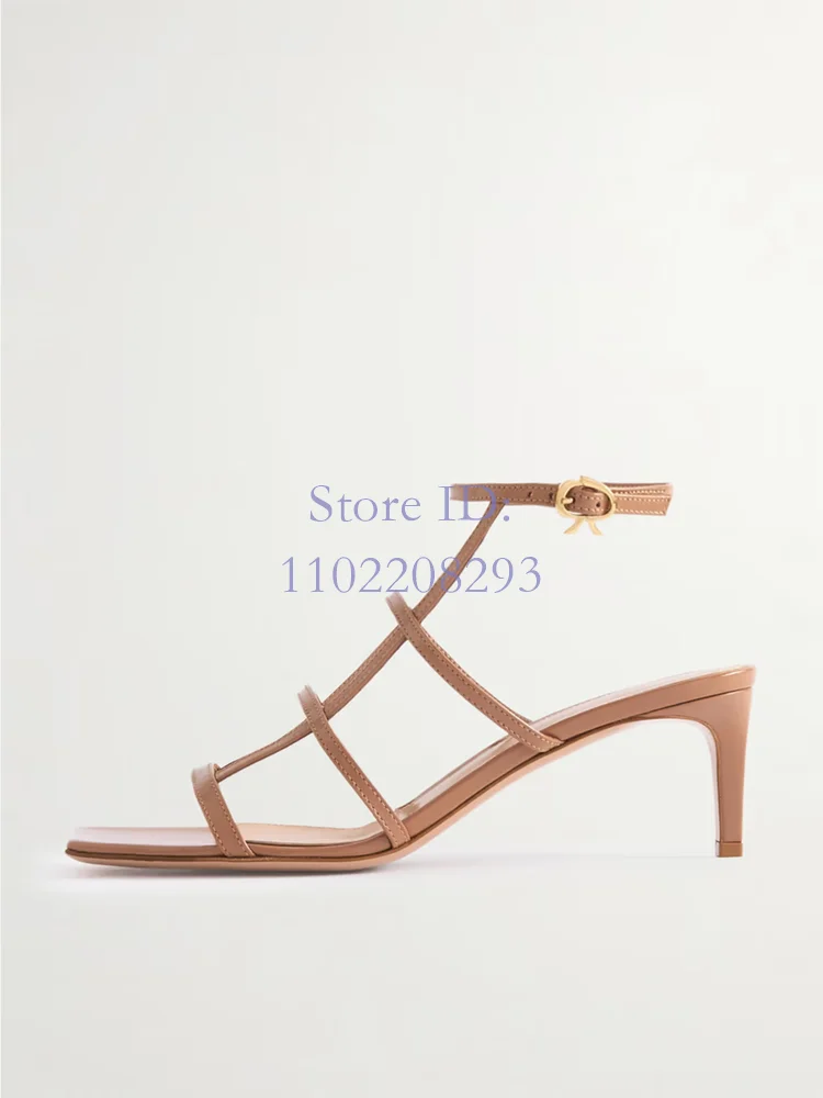 Bow Buckle Straps Thin High Heels Sandals Solid Square Toe Glossed Leather T-tied Strap Stilettos Pumps 2024 Women Fashion Shoes