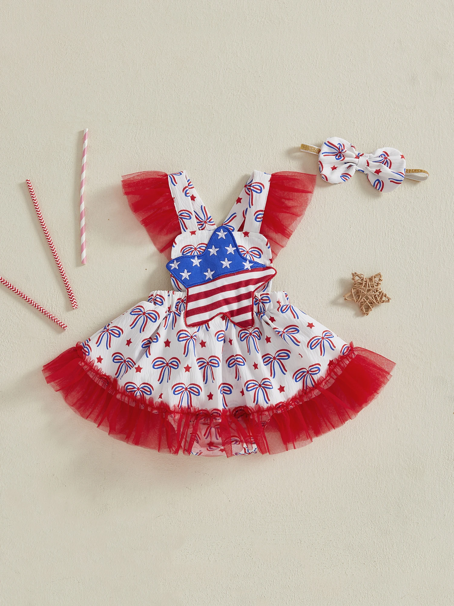 

Toddler Girls American Flag Romper Dress Independence Day Sleeveless Jumpsuit with Bow Headband Set Summer Outfit Fashion Wear