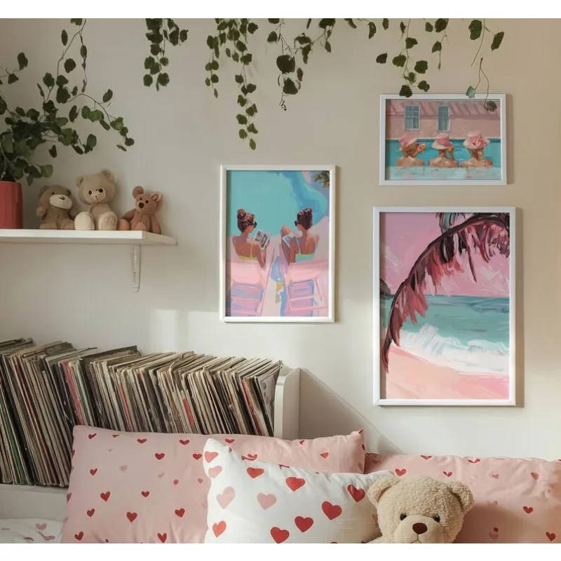 Vintage Girly Summer Pool Party Poster Palm Beachy Pink Turquoise Coastal Canvas  Wall Art for Living Room Home Decor view 3