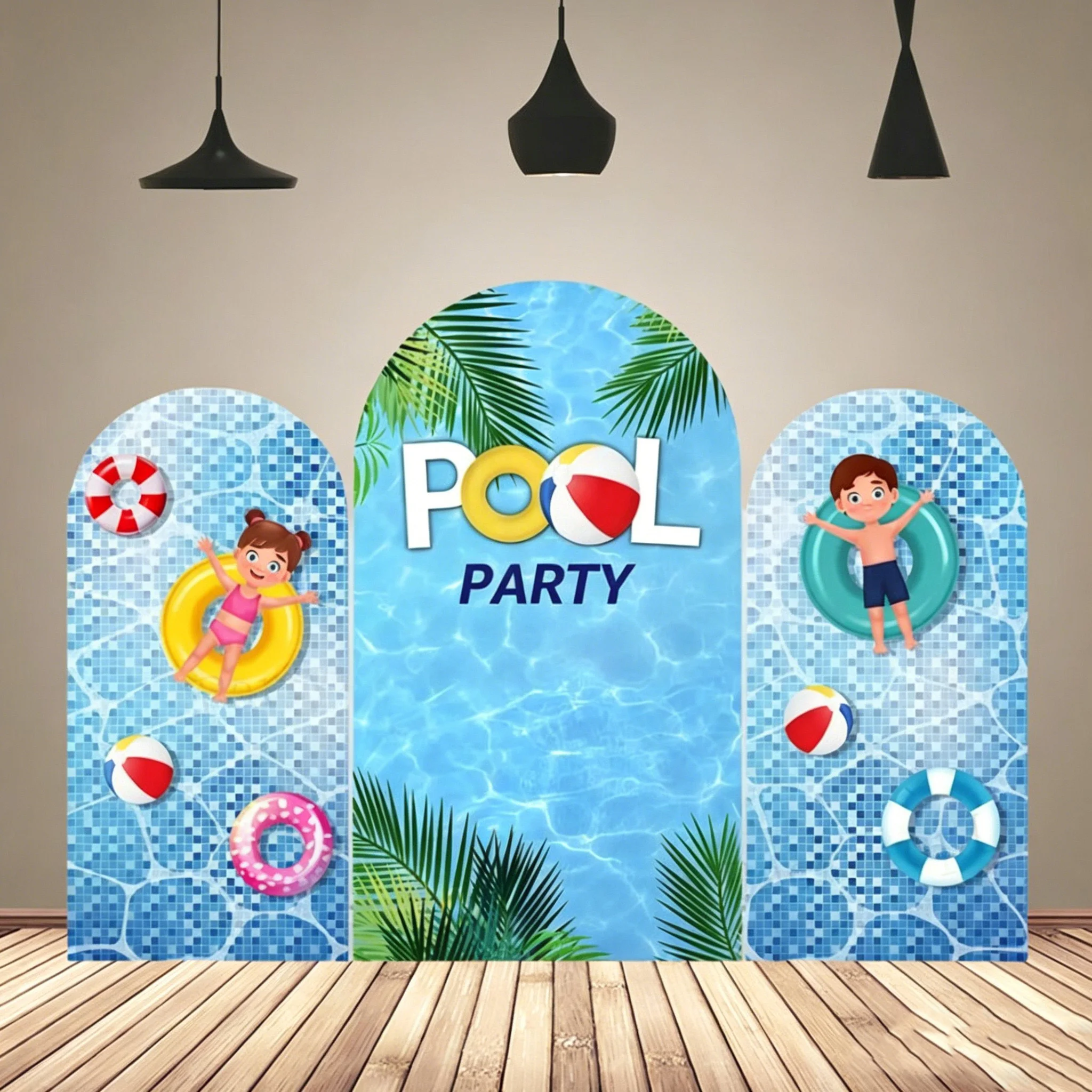 

LS Custom 2-Sided Summer Blue Pool Party Kids Birthday Baby Shower Covers Chiara Wall Arch Background Decor Backdrop Photo