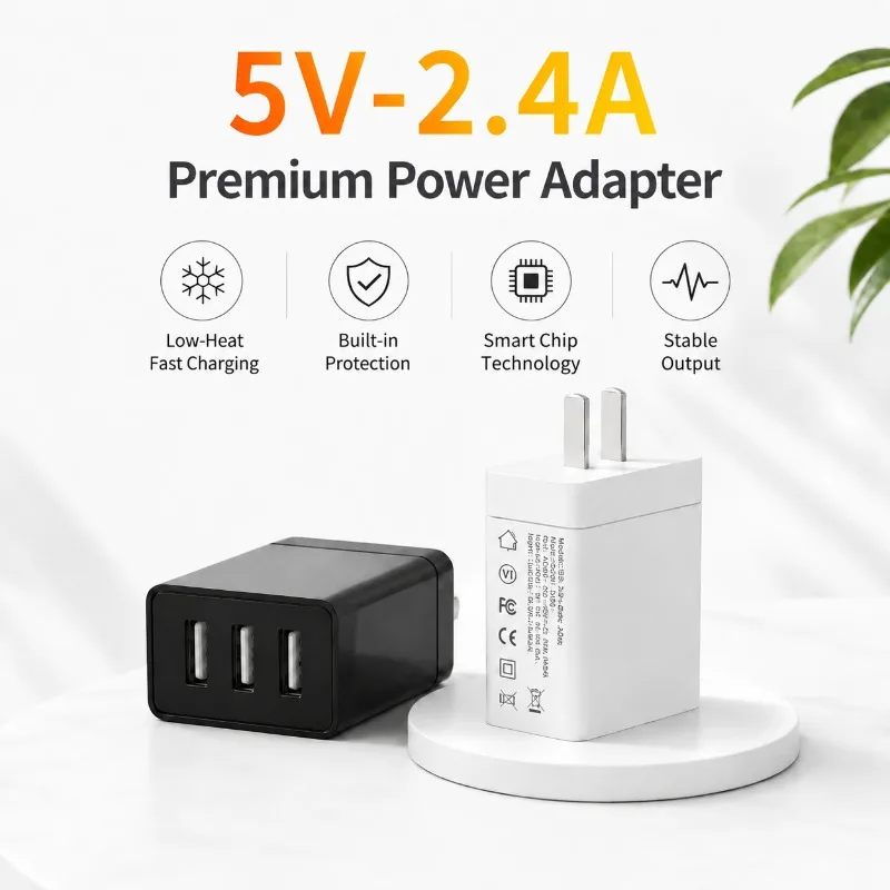 3-Port USB Wall Charger 12W 5V 2.4A Multi-output Power Adapter 3C Certified Safe Fast Charging Plug for Mobile Phone Tablet