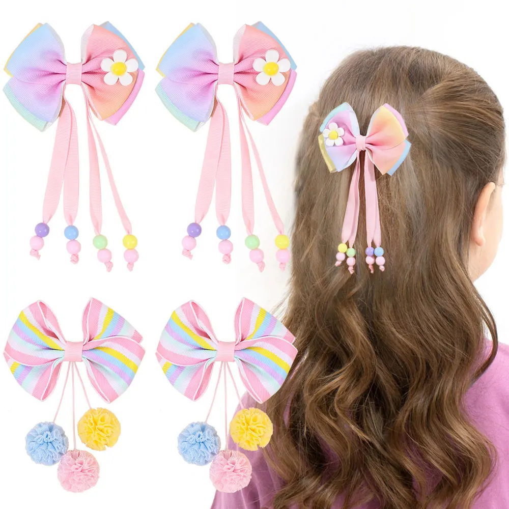 2PCS Sweet Ribbon Bow Hair Clips Elegant Bead Tassels Bowknot Hairpin Cute Pompon Barrettes Headwear Kids Hair Accessories