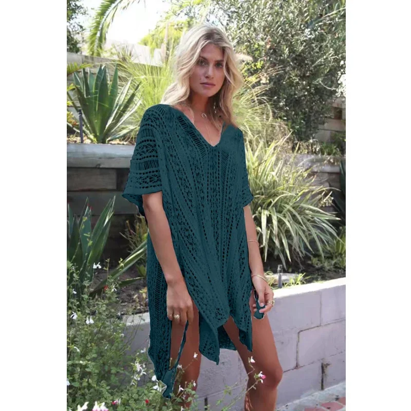 BWQ Vestido calado de punto sin bikini, manga larga, cuello redondo, transparente, vestido tipo pareo de ganchillo, traje de baño para mujer