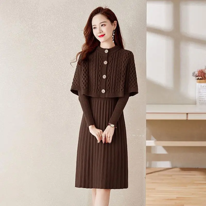 Retro Knitted Suit Women's 2023 New Spring Autumn Fashion Cloak Shawl Underwear Medium Length Woolen Dress Two Piece Set