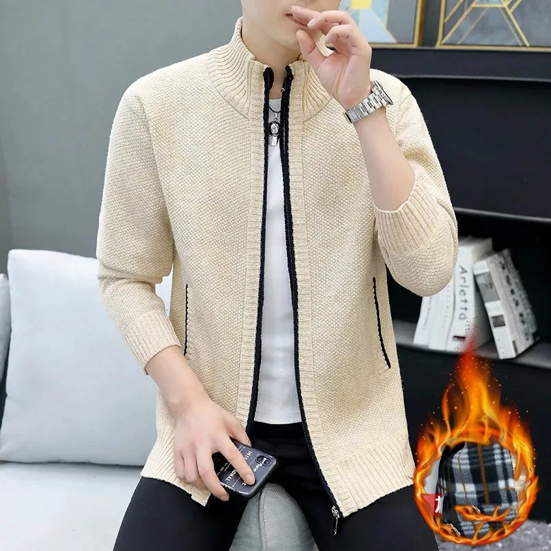 Men's Autumn Winter Turtleneck Solid Zipper Screw Thread Pockets Long Sleeve Sweater Knitted Cardigan Coats Casual Formal Tops