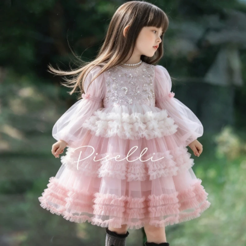 Girls' pink blue Dress 2026 Autumn winter New beautiful Princess Long mesh Sleeved Fluffy Skirt Dress