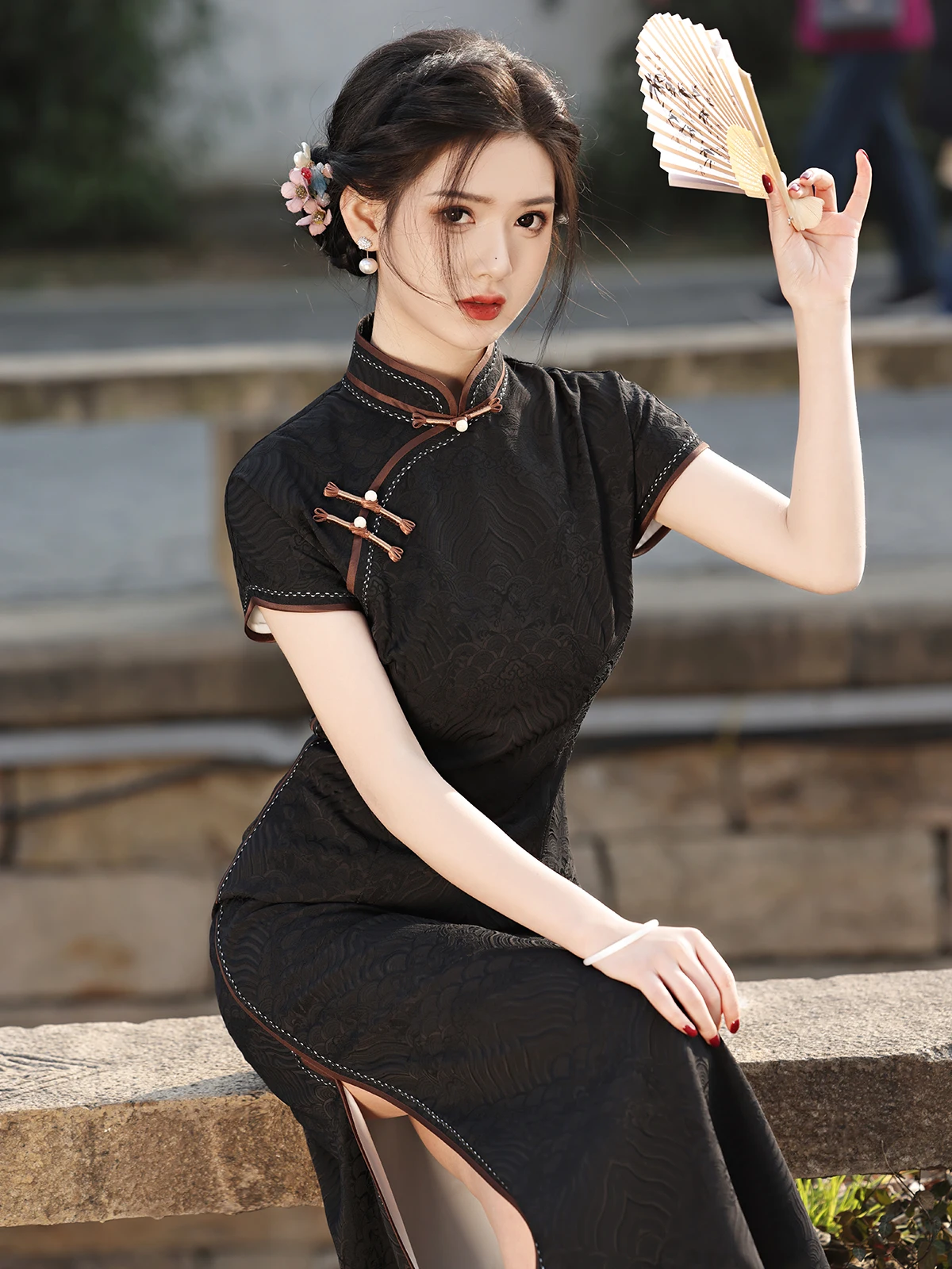 Young Elegant Lady Style Black Jacquard Cheongsam Spring/Summer New Chinese Short Sleeve Daily Wearable Dress