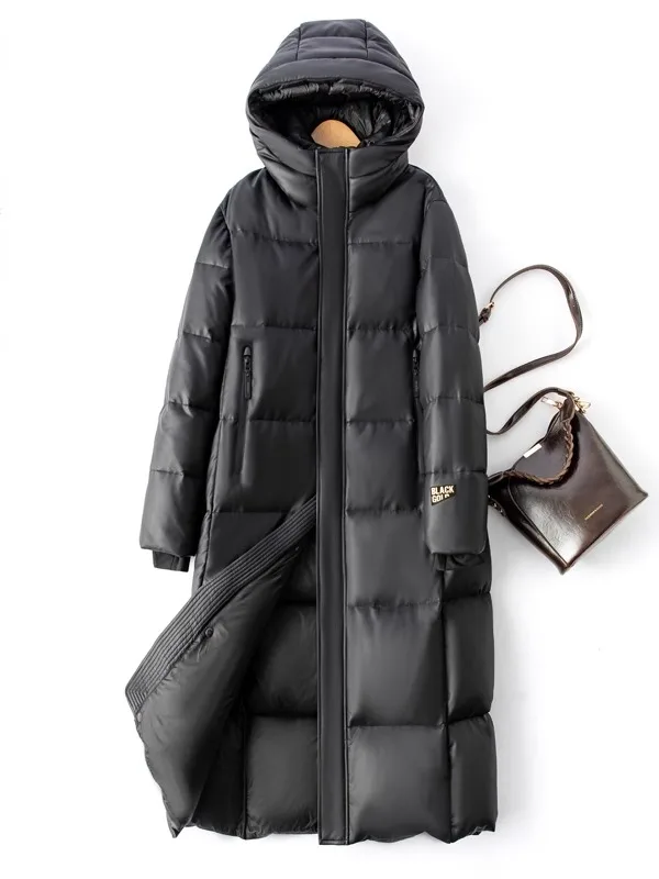 2025 Winter Dames Lange Lederen Jas, Losse Pasvorm, Verdikte Lederen Donsjas, Koreaanse Stijl, Grote Maat, Haining Leder