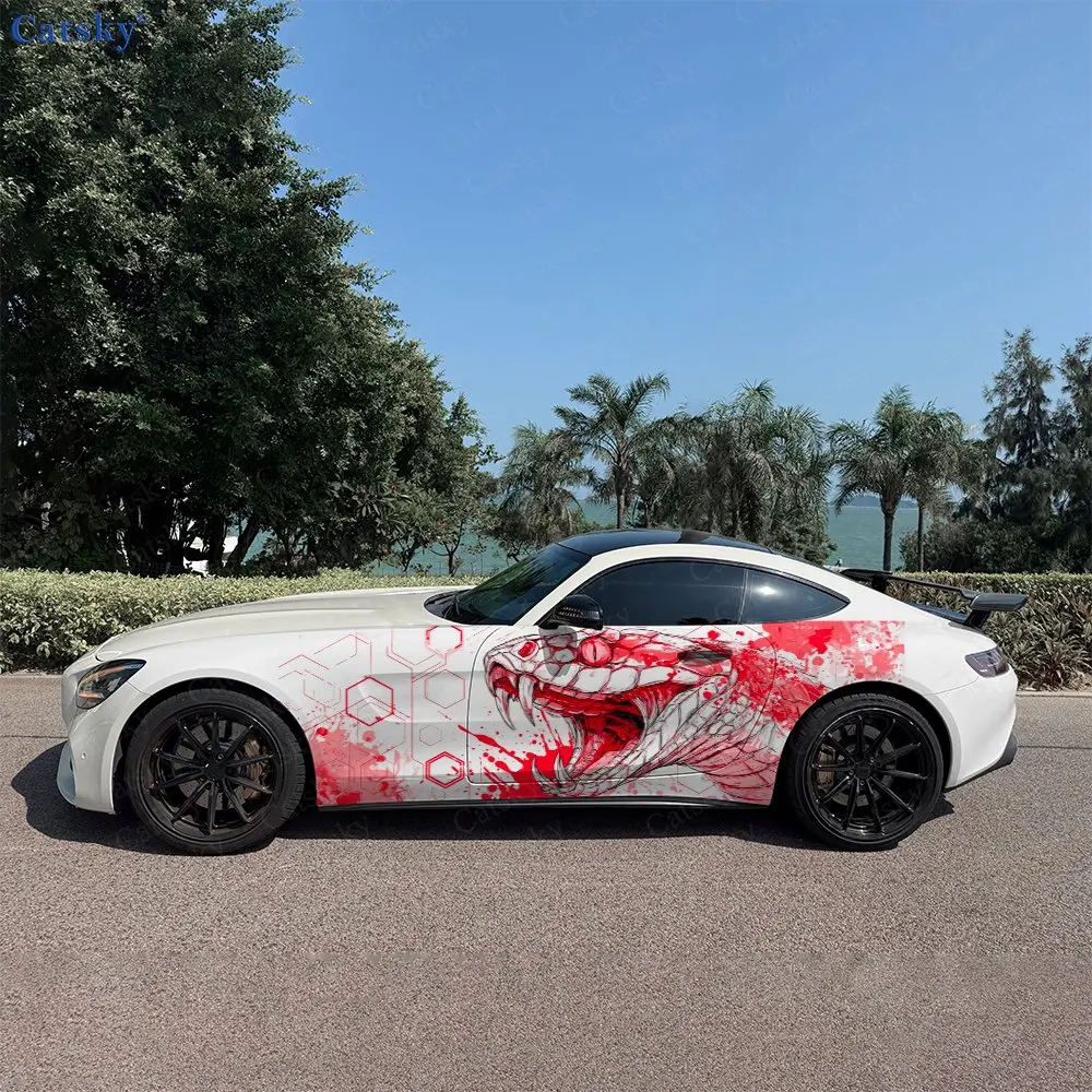 2pcs Scarlet Splatter Snake Car Side Wraps, Self-Adhesive PVC Waterproof & Scratch-Resistant Stickers, Car Accessory Gift