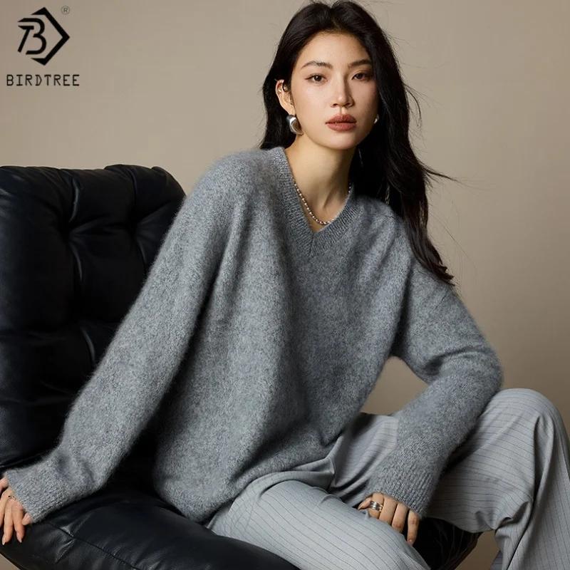 

Birdtree,93% Sheep Wool 7% Cashmere Plush Sweater,Woman Knitted V-neck Bottoming Warmth Knitwear,2025 Autumn Pullover T5O703JF