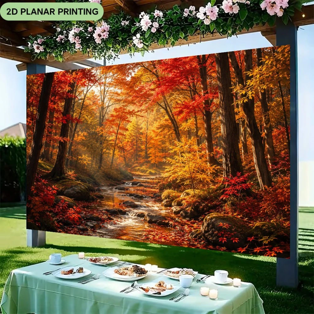 1PC Fall Autumn Forest Stream Print Backdrop Banner, Bedroom Living Room Kitchen Photo Background, Polyester, Party Decoration