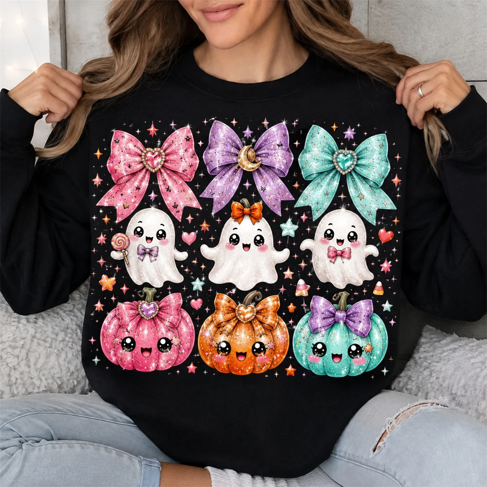 Cartoon Cute Print Jack-o'-Lantern Bow Ghost Pattern Halloween Long Sleeve T Shirt Women Men Autumn Black Holiday Streetwear