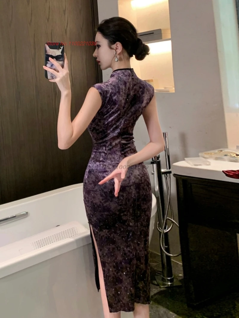 فستان سهرة صيني مثير من تشيباو مخملي بدون أكمام شيونغسام بتصميم عتيق مطبوع عليه زهور فستان ملهى ليلي تقليدي للولائم تشيباو #5