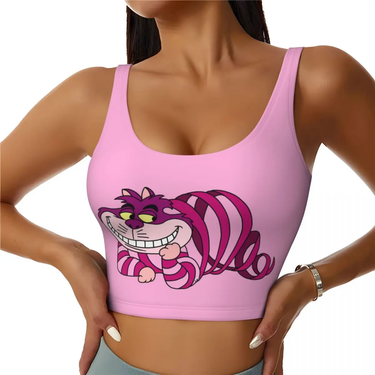 

Custom Cheshire Cat Workout Crop Tank Tops for Women Alice In Wonderland Cartoon Yoga Sports Bras