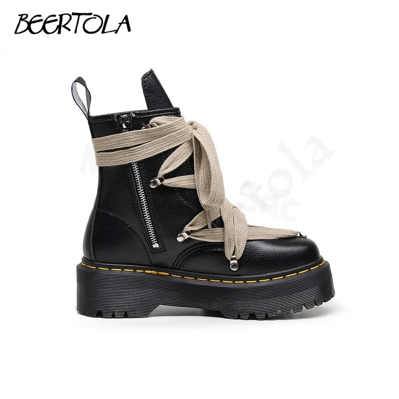 Women\'s Cross-Strap Pebbled Boots Round Toe Thick Sole Personality Short Boots Side Zipper Leather Fashion Large Size Boots