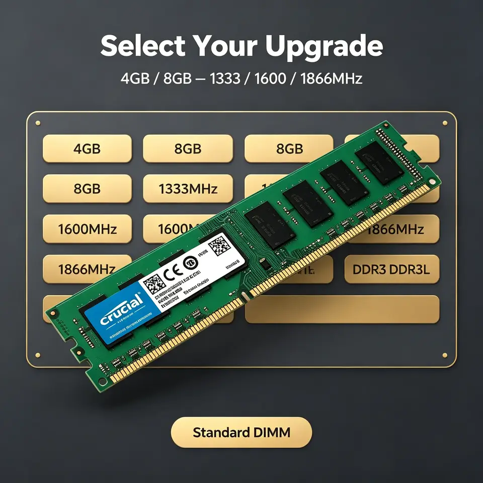 ذاكرة سطح المكتب الأصلية Crucial DDR3/DDR3L 4GB 8GB، 8 شرائح لوحة دوائر خضراء، 1.35V 1.5V، 1333 1600 1866MHz 240Pin DIMM لأجهزة الكمبيوتر القديمة - 5