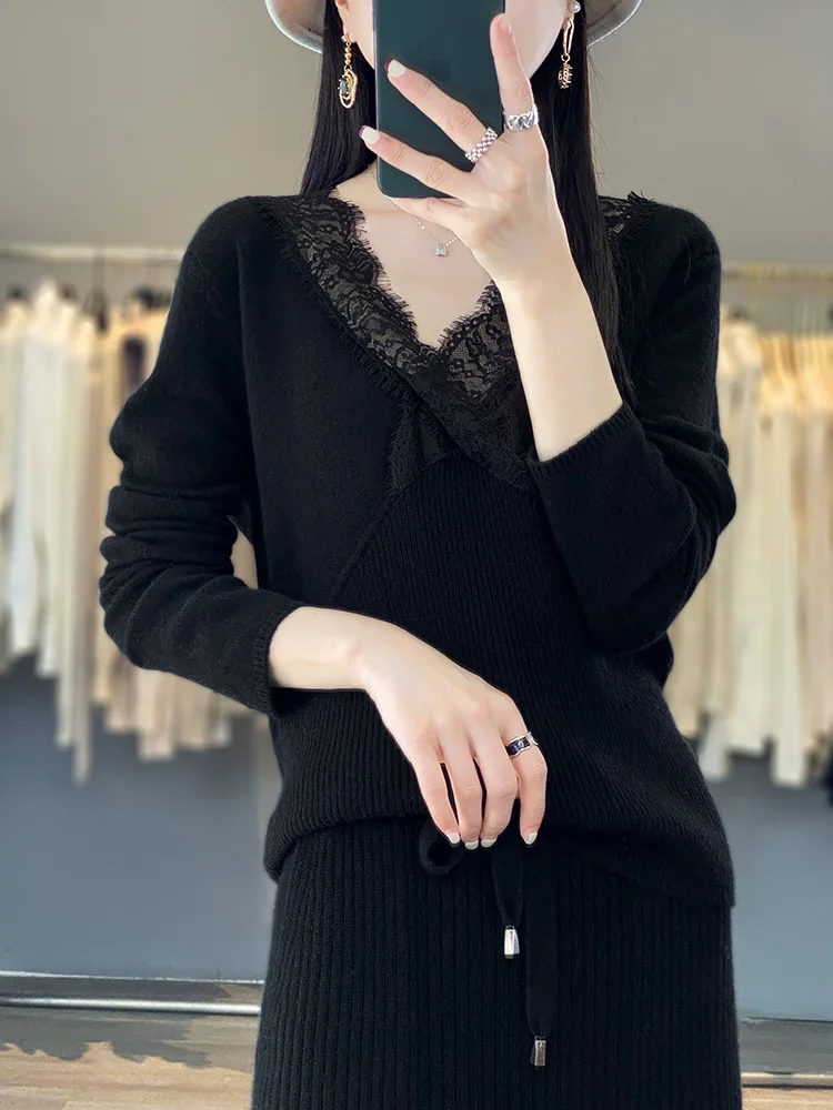 Women's Pullover Spring/Autumn New 100% Wool Sweater Casual Solid Color Knitwear Fashion V Neck Ladies Tops Slim Lace Blouse