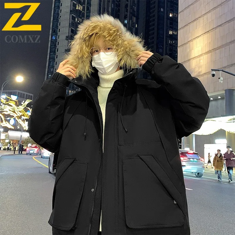 COMXZ Warm Puffer Jacket Fur Collar Lightweight Multi-Pocket Travel Winter Jacket Commuting Handsome Quilted Jacket Men Clothing