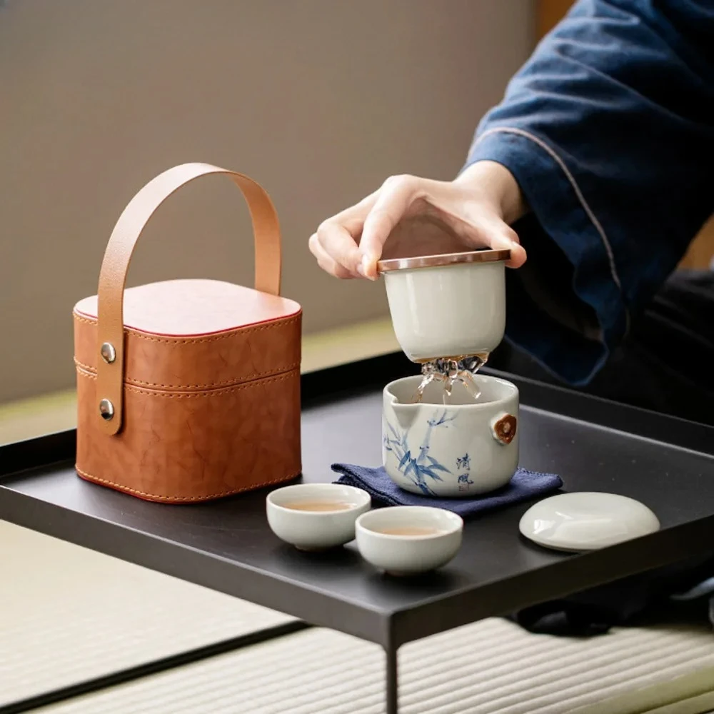 

Hand Painted Bamboo Tea Set Kit Traditional Teapot and Tea Cup Set 1 Pot 2 Cups Tea Making Portable Camping Stock Bags Craft