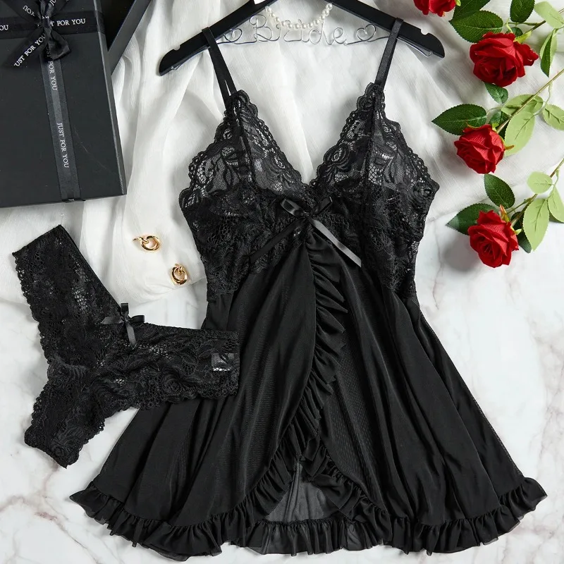 Open Sleep Tulle Ultra Sexy Nightgown V-neck Bra Skirt Night Erotic Dress Woman Sheer Pajamas Lingerie Thongs Luxury Kit