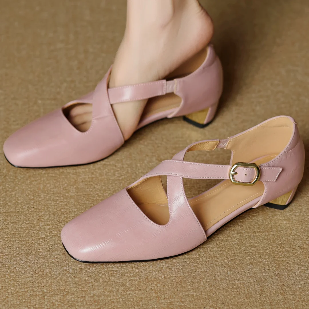 

Women's genuine leather narrow band cross strap slip-on summer sandals elegant ladies 3cm kitten heel slim dress pumps shoes 49