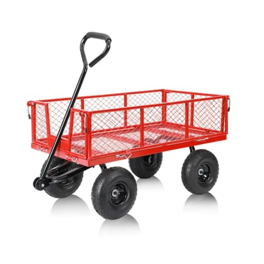 

500 Lbs Capacity Heavy Duty Mesh Steel Garden Cart Folding Utility Wagon with Removable Sides 10 Inch Flat Free Tires Red
