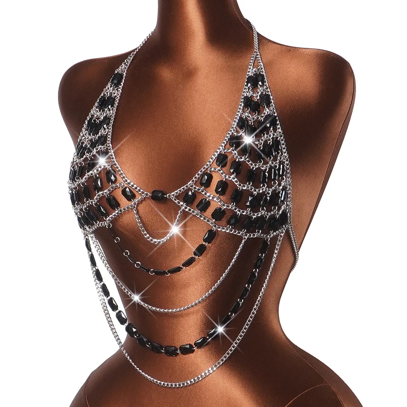 Damen Strass-Körperkette Top mit Neckholder, mehrschichtiges Kristall-Harness-Crop-Top, sexy Edelstein-Cami-Set für Damen – Detail 5