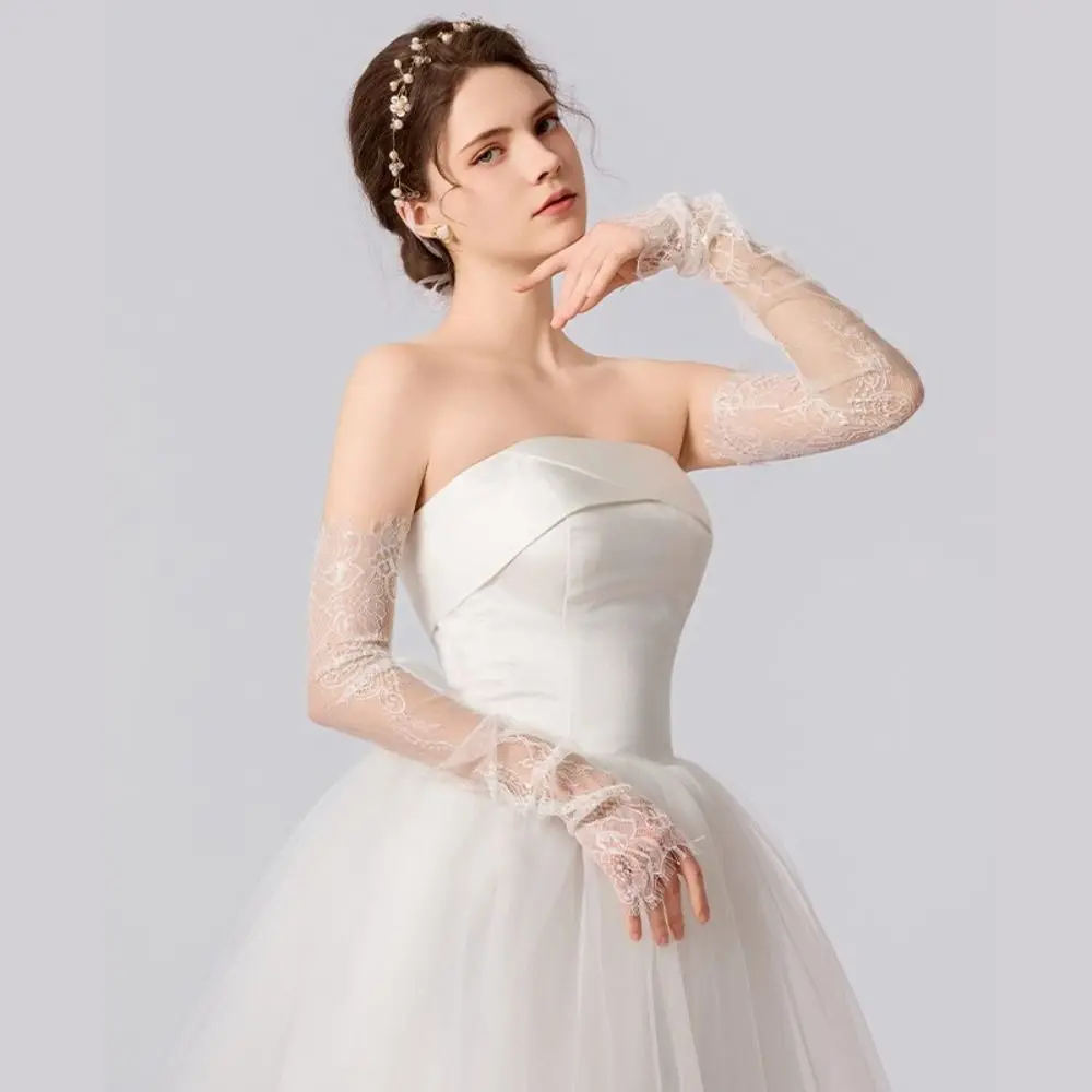New Long Bridal Gloves Sheer White Black Fingerless Gloves 65CM Arm Coverage Banquet