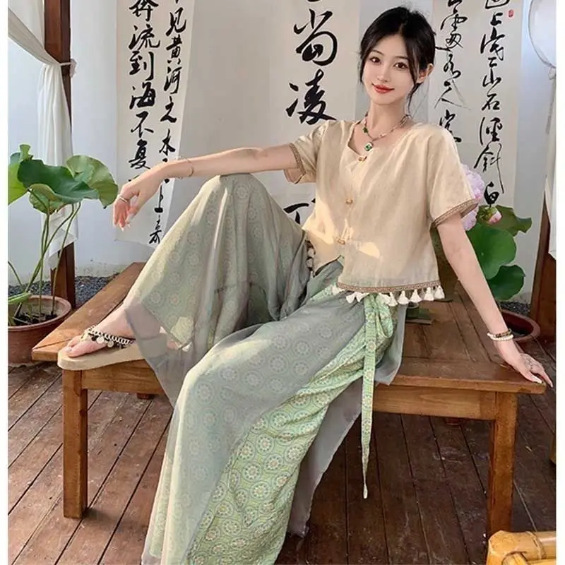 

Summer improved Chinese style Hanfu set with daily Han elements, short sleeved full set of wide leg pants, women's thin and