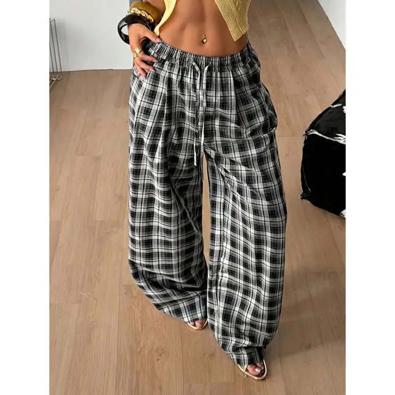 Women Vintage Casual Y2k Plaid Print Barrel Long Pants Drawstring Elastic Rise Loose Wide Leg Checkered Fall Trousers