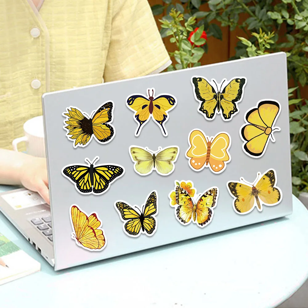 50PCS Retro Yellow Butterfly Stickers Cartoon INS Style Aesthetics Decals For Laptop Refrigerator Scrapbook Skateboards Stickers