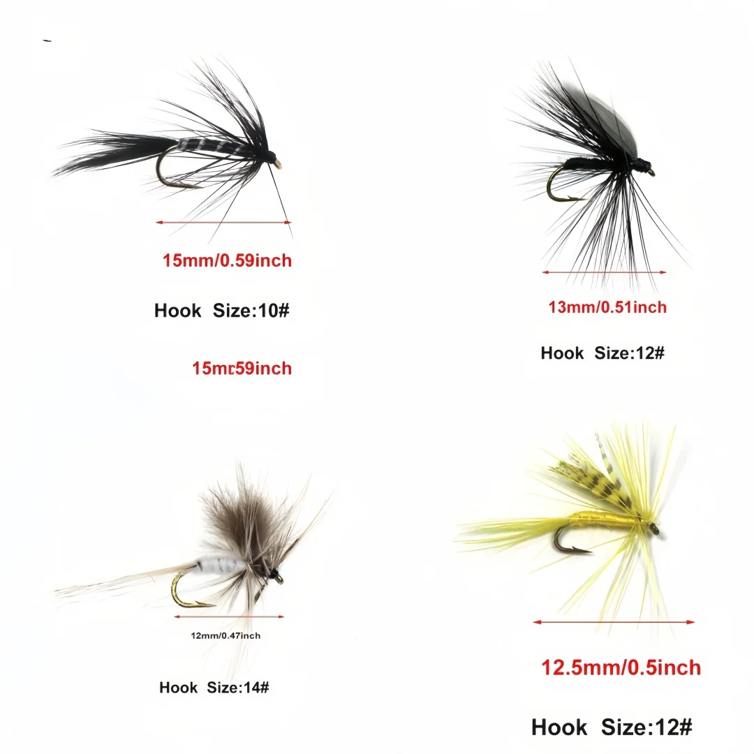 12 Stück Trockenfliegen für Forellen, 4 Größen Moskito-Imitationsfliegen, Premium-Fliegenfischerköder für Süßwasserbarsch und Lachs – Detail 2