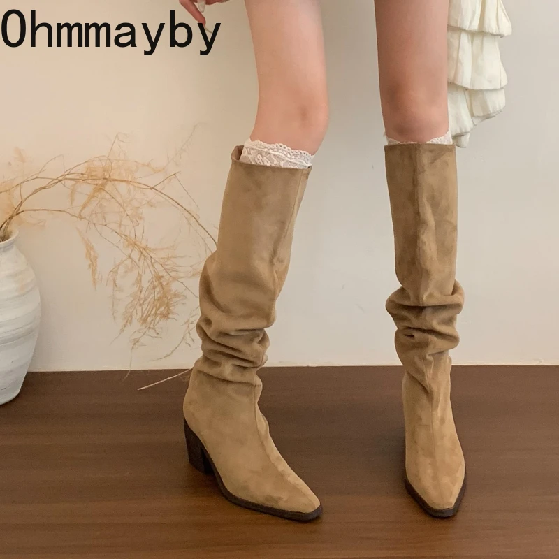 

Зимние женские высокие сапоги до бедра на толстом каблуке с острым носком, лаконичные туфли без шнуровки, женские винтажные рыцарские длинные ботильоны Zapatos De Muje