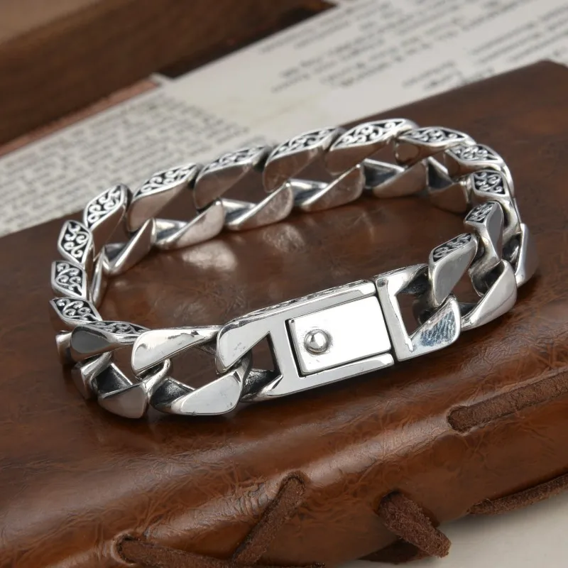 New 100% Real S925 Pure Silver Personalized Jewelry Vintage  Men Bracelet Vine Patterned Tank Chain