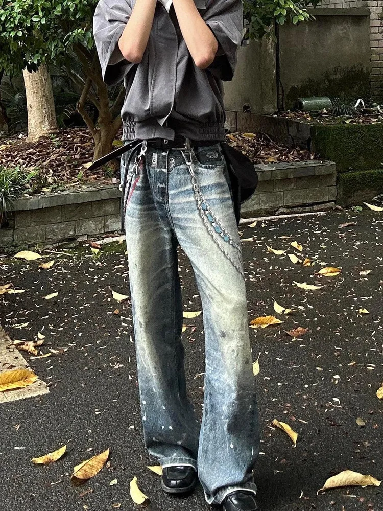 

American AC Sle Vintage Digital 3D Print Loose Men's Jeans Dirtin Effect Straight Leg Wide Leg Long Pants Casual Wear