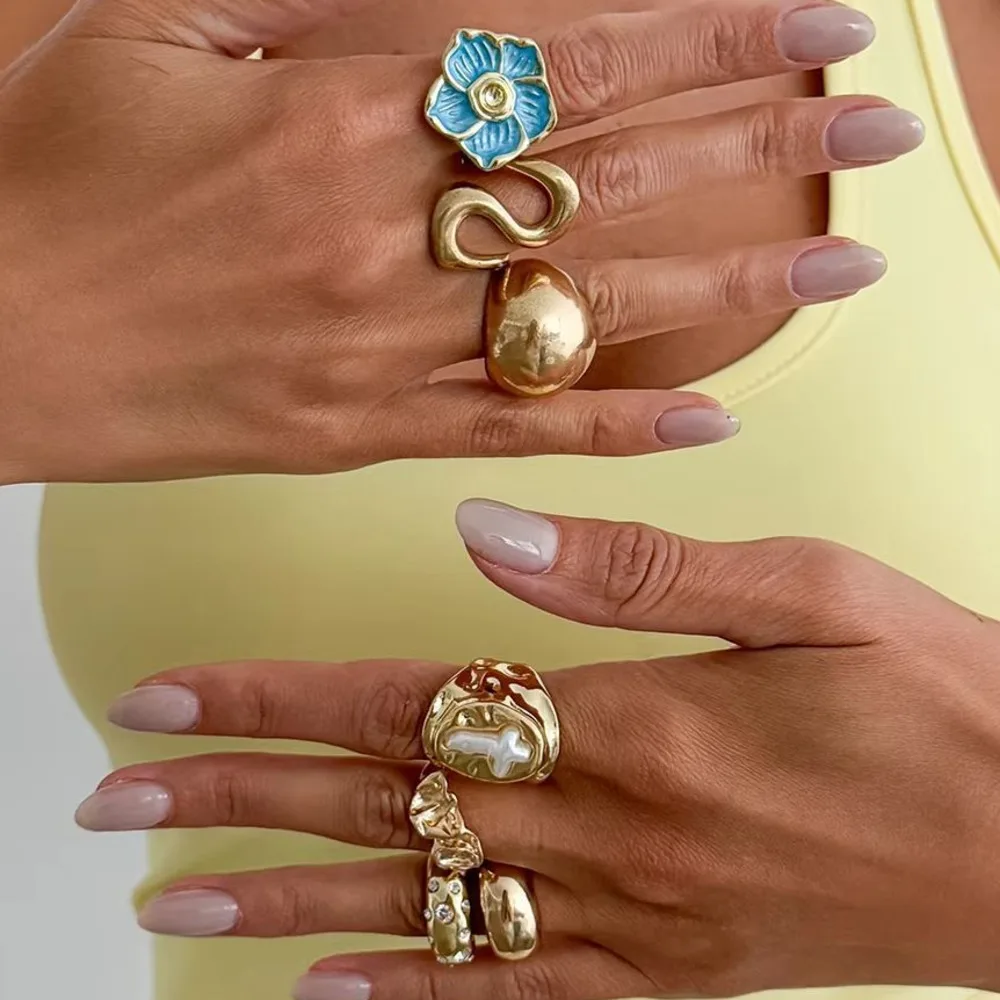 Ingemark 8Pcs Boho Drip Oil Blue Flower Gold Color Open Rings Set for Women Vintage Stacked Geometric Adjustable Chunky Rings