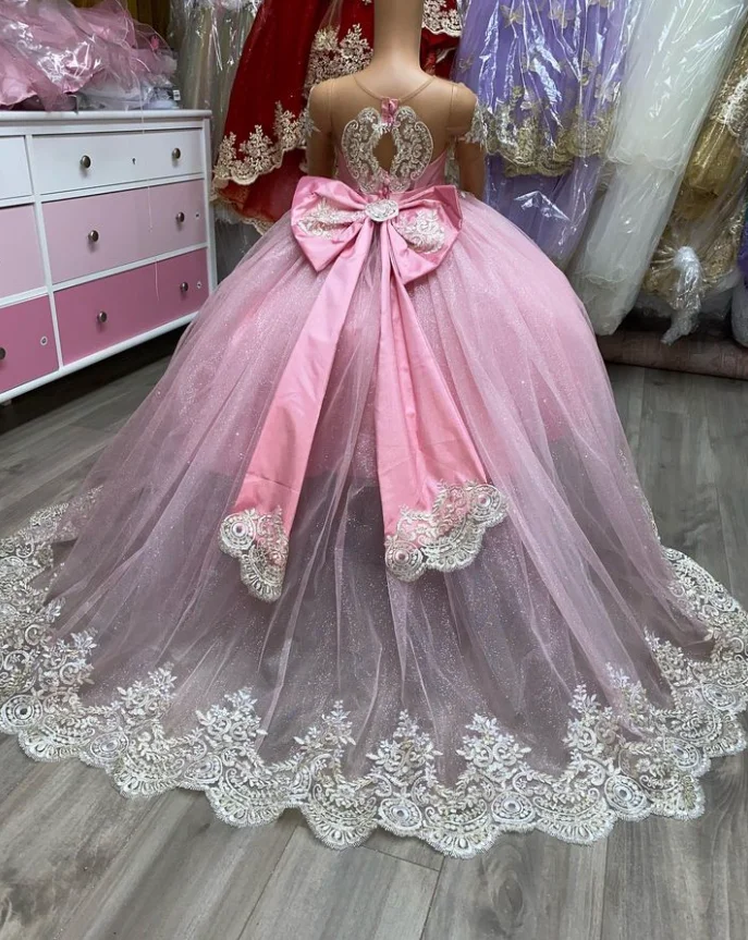 Customized  Cute Pink Mini Quinceanera Dresses Mexican Prom Little Princess Flower Girl Gowns Tulle Appliques with Bows