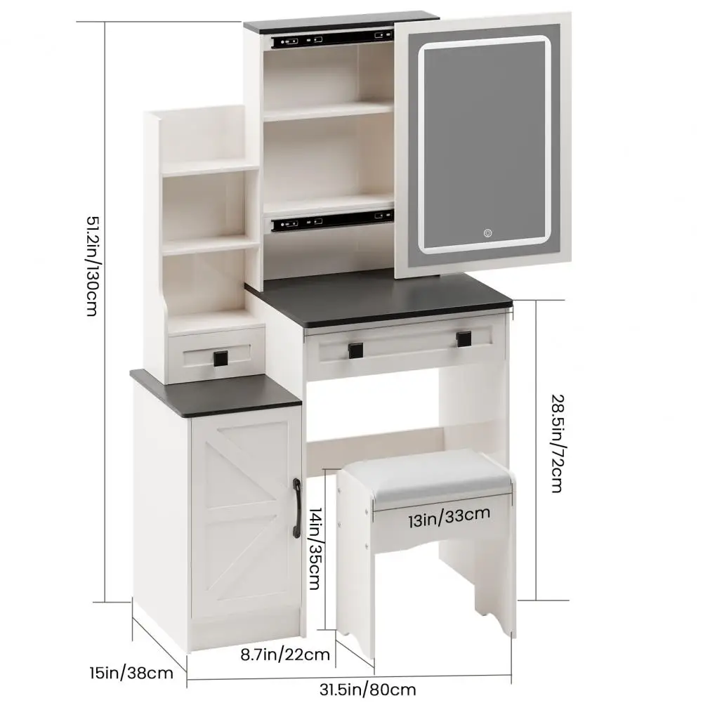 Vanity Desk with LED Lighted Mirror, Bedroom Dressing Table, Makeup Desk with Stool, 2 Drawers, 1 Barn, Open Shelves
