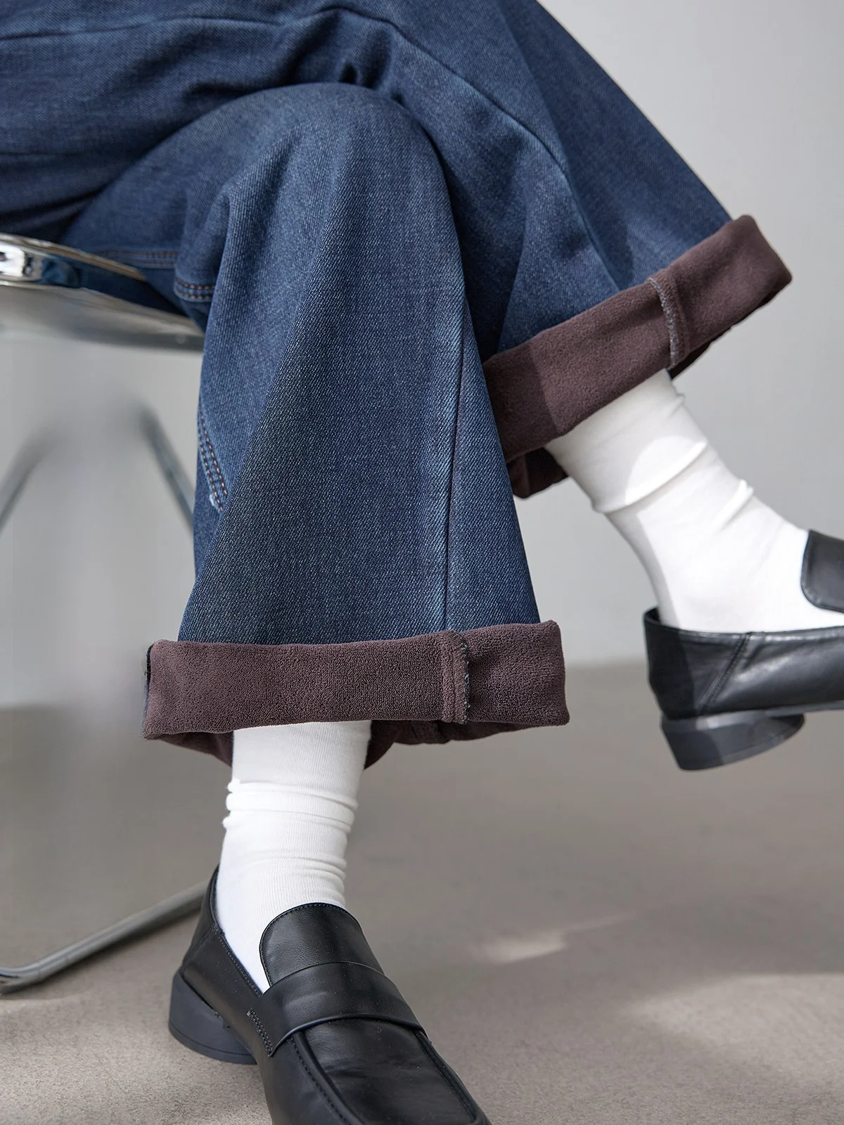 

Женские джинсы HUIXI Deep Blue Fce с высокой талией, ретро-стиль, утепленные, прямые, повседневные брюки