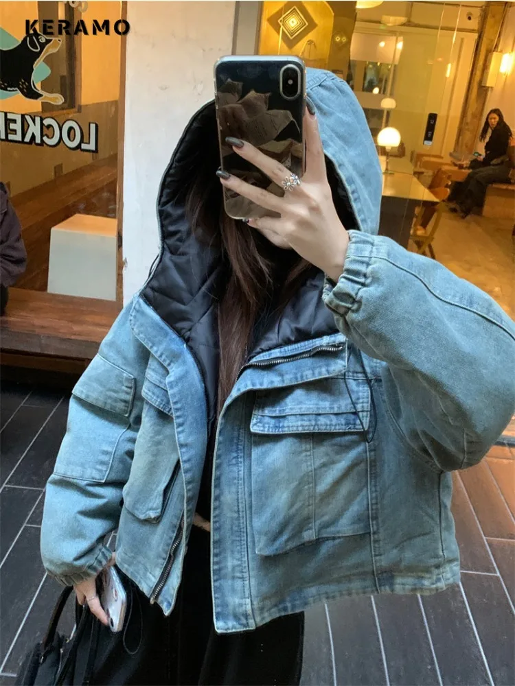 

2025 Winter Women's High Street Fashion Zipper Loose Coat Casual Turn Down Collar Baggy Y2K Retro Solid Color Denim Parkas