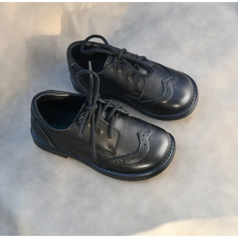 Children's Genuine Leather Shoes Boys Girls Black Leather Shoes Autumn Kids Performance Shoes College Style Baby Soft Leather