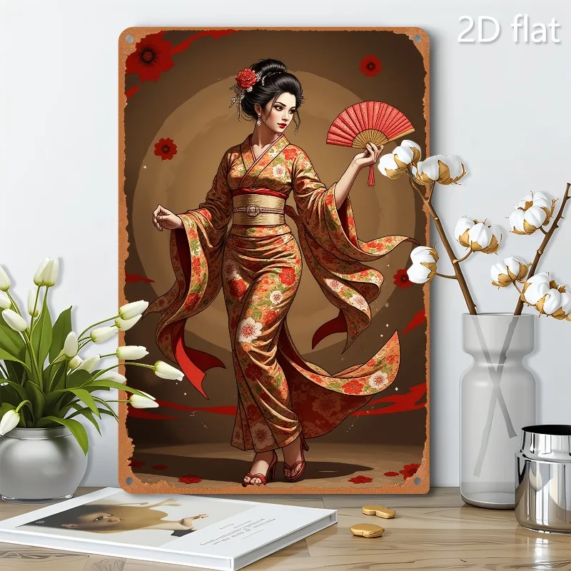 Vintage Japanese Kimono Woman with Red Floral Fan Metal Wall Art, Aluminum Hanging Decorative Sign, Holiday Gift, 2D Flat